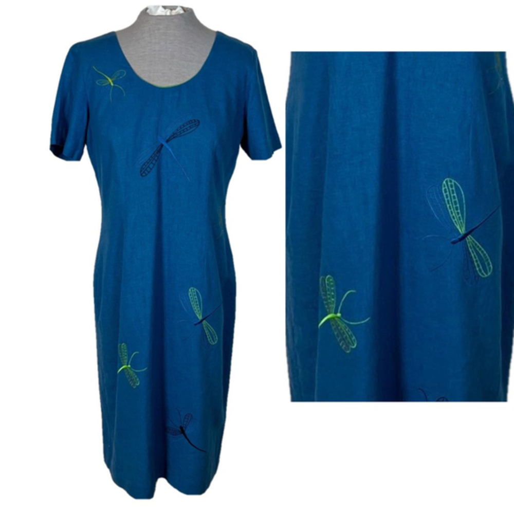 Positive Influence Blue Linen Dress Women’s Size 8 Dragonfly Green Back Zipper
